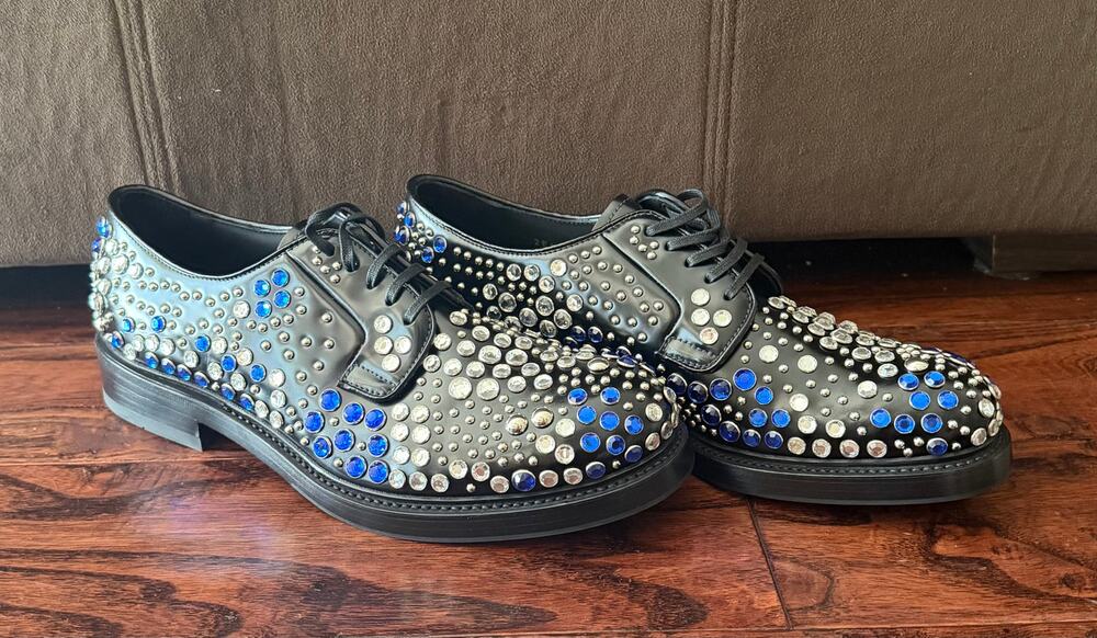 $2,750 NIB Prada Crystal Studded Spazzolato Leather Derby Shoes Black Blue US 10